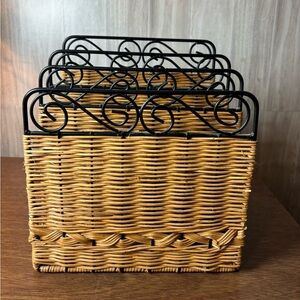 Vintage Wicker File Organizer with Black Metal Dividers - Natural Brown